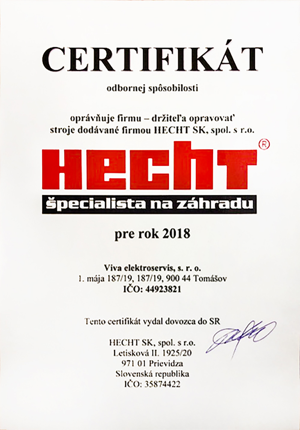 hecht certifikat vivaelektroservis 2018